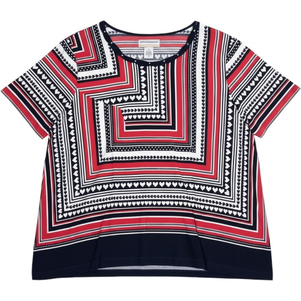 Alfred Dunner Women Plus Size 2X Navy Red Scarf Print Heart Rhinestone Tunic Top